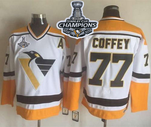 Penguins #77 Paul Coffey White/Yellow CCM Throwback Stanley Cup Finals Champions Stitched NHL Jersey - Click Image to Close